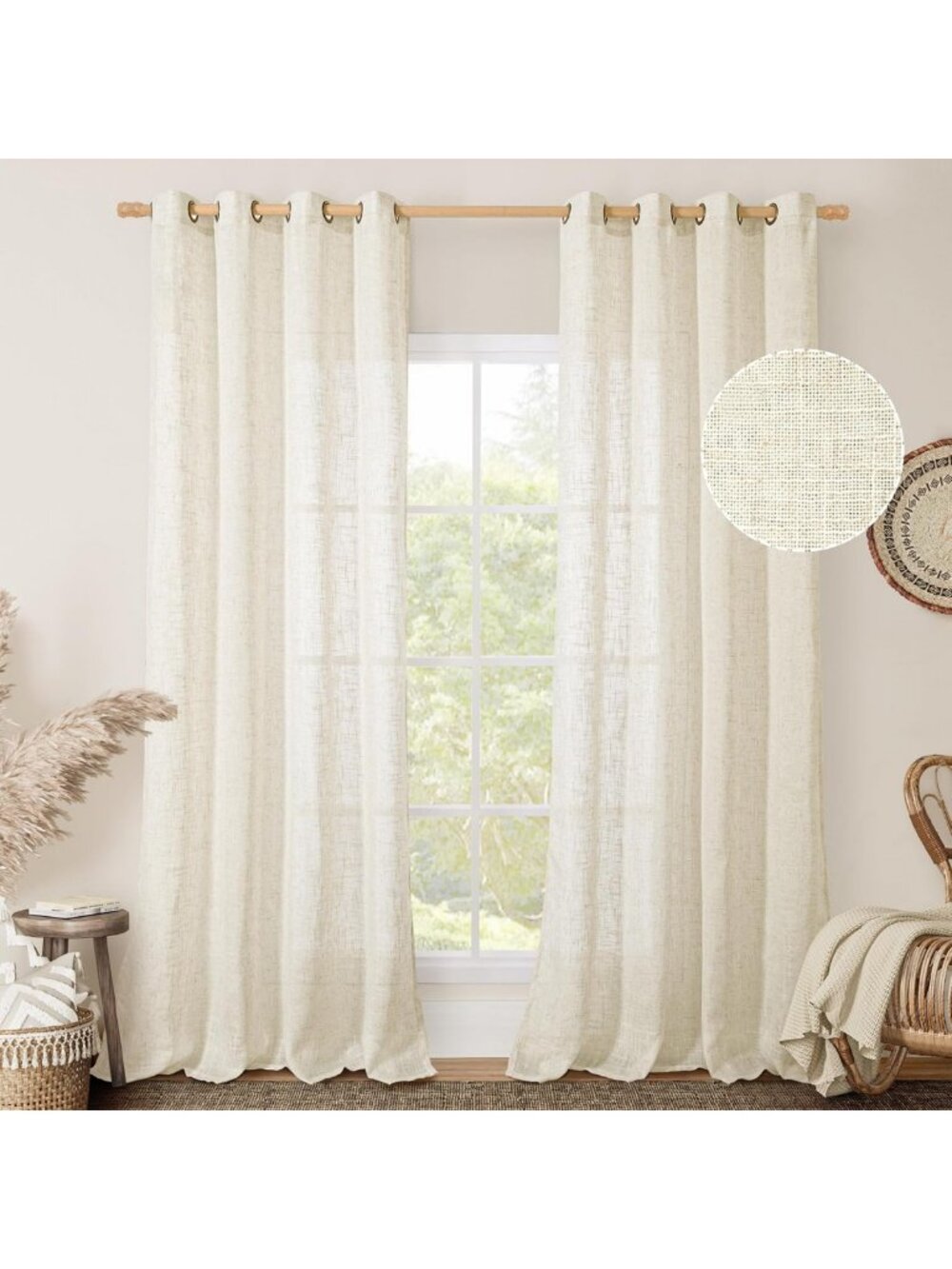 Elegant Cream Ivory Linen Sheer Curtains, 96" Long, 2 Panel Set for Light